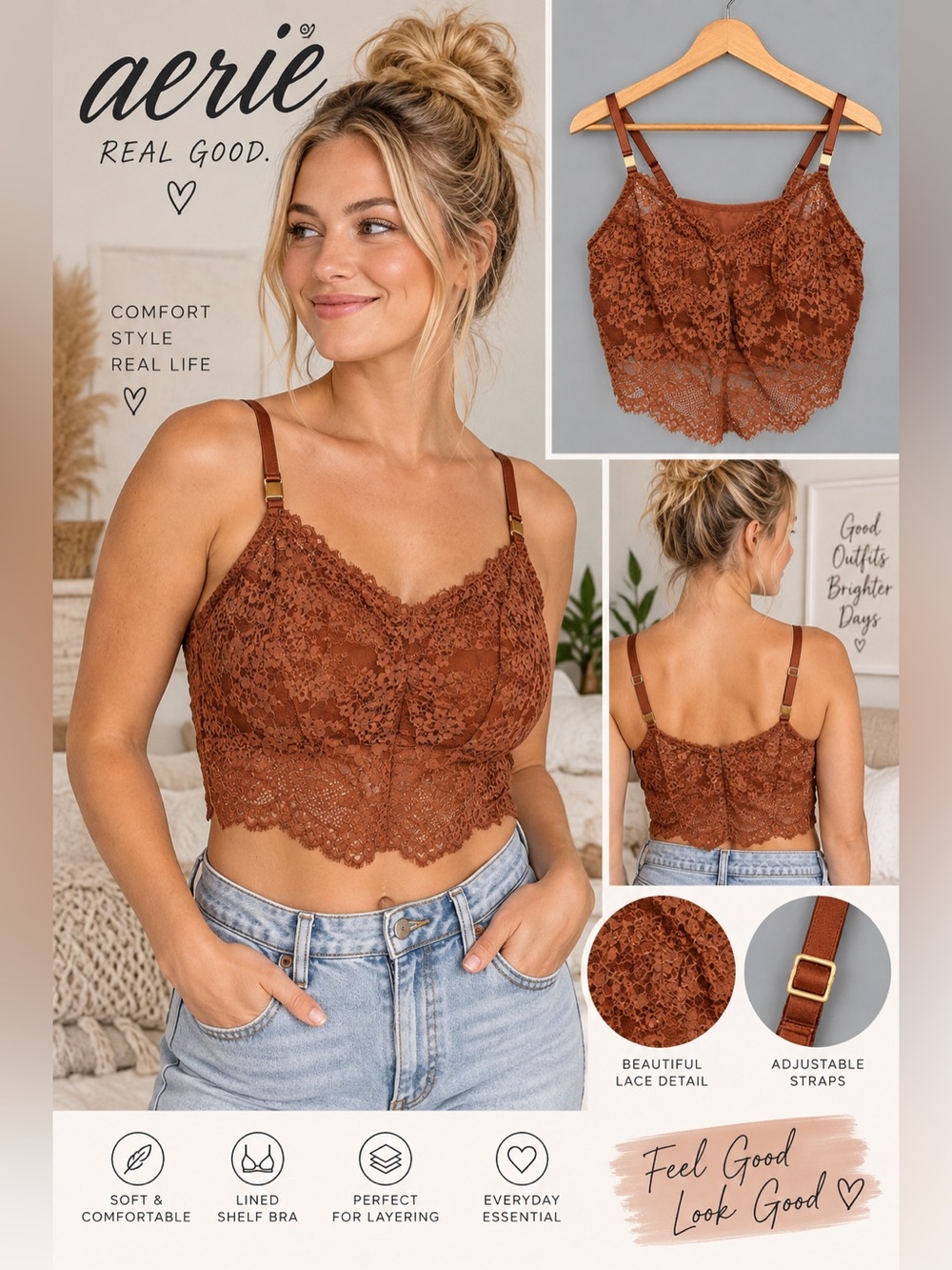 Aerie Lace Longline Bralette XL Rust Brown Lined Shelf Bra Adjustable Straps